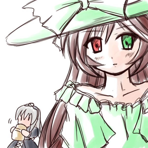 2girls blush green_eyes image long_hair multiple_girls red_eyes silver_hair solo suigintou suiseiseki umbrella
