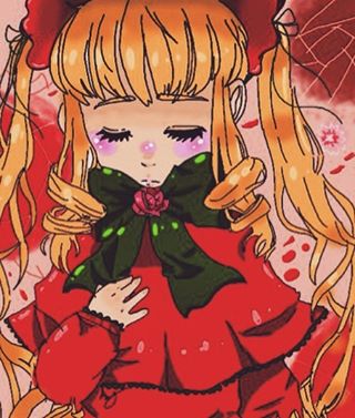 1girl blonde_hair blush bow bowtie closed_eyes dress drill_hair flower image long_hair long_sleeves red_dress rose shinku solo twin_drills twintails upper_body