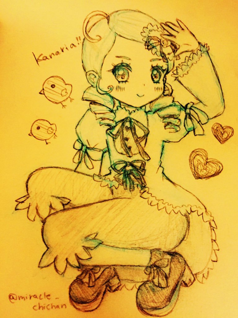 1girl boots dress drill_hair frills full_body hair_ornament heart image kanaria monochrome puffy_sleeves ribbon smile solo traditional_media twin_drills yellow_background yellow_theme