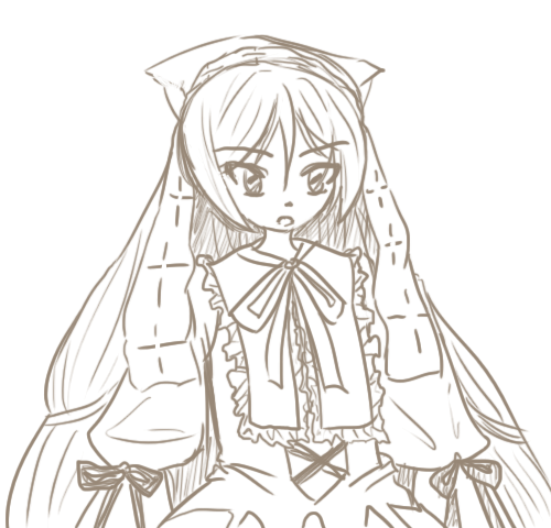 1girl blush capelet dress frills greyscale image long_hair long_sleeves looking_at_viewer monochrome ribbon simple_background solo suiseiseki very_long_hair white_background