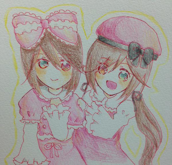 2girls bow dress eyebrows_visible_through_hair hair_bow hat image long_hair looking_at_viewer multiple_girls open_mouth pair short_hair smile souseiseki suiseiseki traditional_media watercolor_(medium)