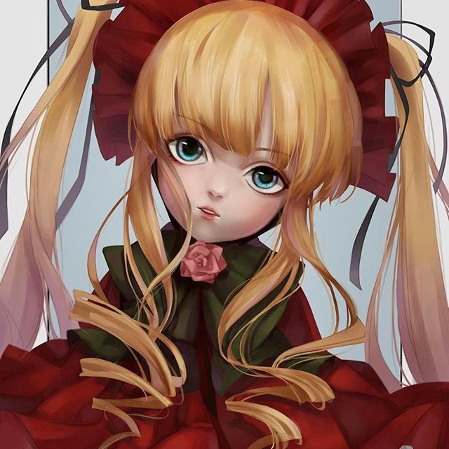 1girl bangs blonde_hair blue_eyes bonnet bow bowtie drill_hair flower image lips long_hair looking_at_viewer pink_flower pink_rose red_dress ribbon rose shinku sidelocks simple_background solo twintails upper_body
