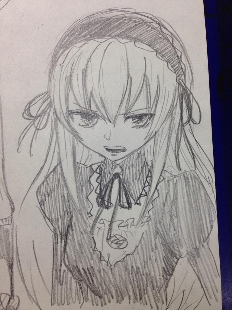 1girl dress graphite_(medium) greyscale hairband image juliet_sleeves long_hair long_sleeves looking_at_viewer monochrome open_mouth ribbon simple_background solo suigintou traditional_media upper_body white_background