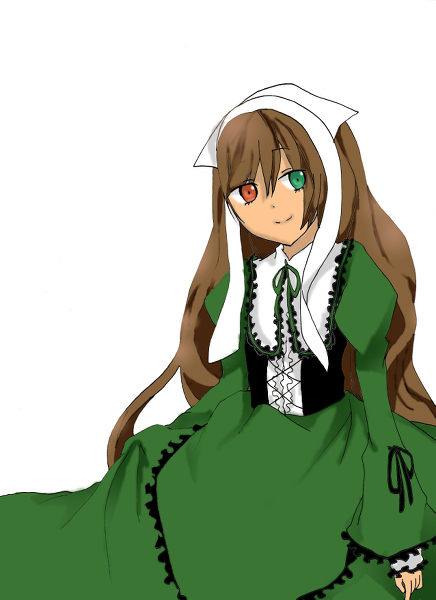 1girl brown_hair dress frills green_dress green_eyes head_scarf heterochromia image long_hair long_sleeves looking_at_viewer red_eyes simple_background sitting smile solo suiseiseki very_long_hair white_background