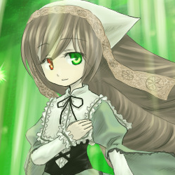 1girl black_ribbon brown_hair dress frills green_background green_dress green_eyes heterochromia image long_hair long_sleeves looking_at_viewer outdoors red_eyes ribbon solo suiseiseki upper_body very_long_hair