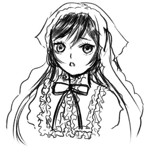 1girl blush dress frills greyscale image long_hair looking_at_viewer monochrome neck_ribbon ribbon simple_background solo suiseiseki upper_body white_background