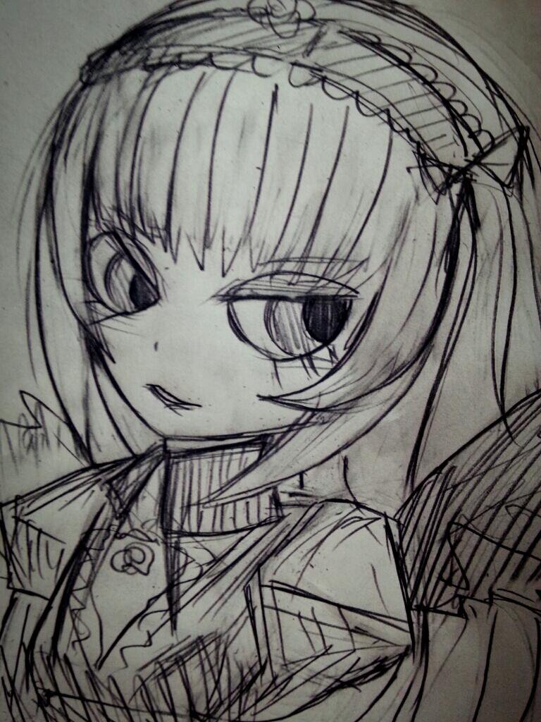 1girl auto_tagged eyebrows_visible_through_hair hair_ribbon hairband image looking_at_viewer monochrome ribbon simple_background sketch smile solo suigintou