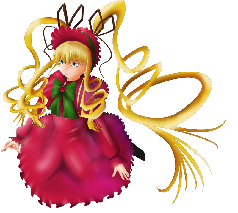 1girl blonde_hair blue_eyes bonnet bow bowtie capelet dress full_body green_bow green_neckwear image long_hair long_sleeves looking_at_viewer red_dress shinku simple_background solo twintails very_long_hair white_background