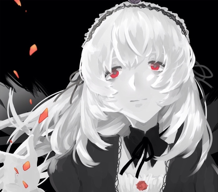 1girl bangs black_background black_ribbon blush closed_mouth dress flower gothic_lolita hairband image lolita_fashion long_hair looking_at_viewer neck_ribbon petals red_eyes ribbon rose smile solo suigintou