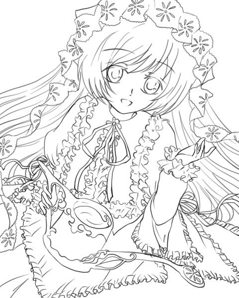 1girl blush dress frills greyscale image long_hair long_sleeves looking_at_viewer monochrome open_mouth ribbon smile solo suiseiseki very_long_hair