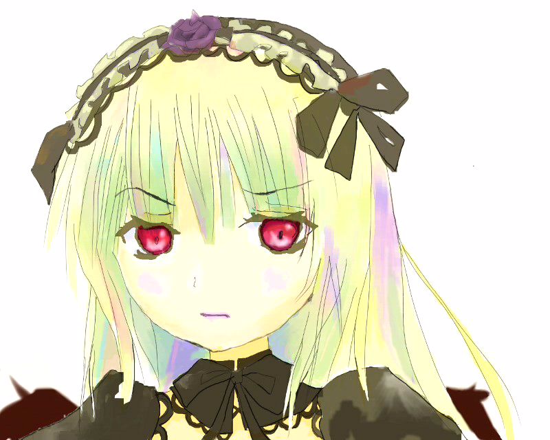1girl bangs black_ribbon blonde_hair closed_mouth eyebrows_visible_through_hair flower hairband image long_hair looking_at_viewer red_eyes ribbon simple_background solo striped suigintou white_background
