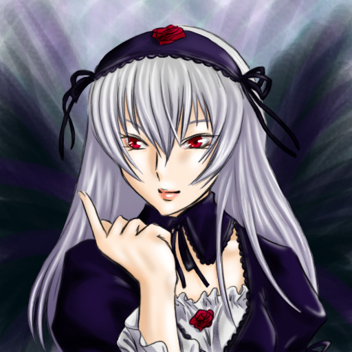 1girl black_ribbon detached_collar dress flower frilled_sleeves frills hairband image index_finger_raised juliet_sleeves long_hair long_sleeves looking_at_viewer puffy_sleeves red_eyes red_flower red_rose rose silver_hair smile solo suigintou upper_body wings