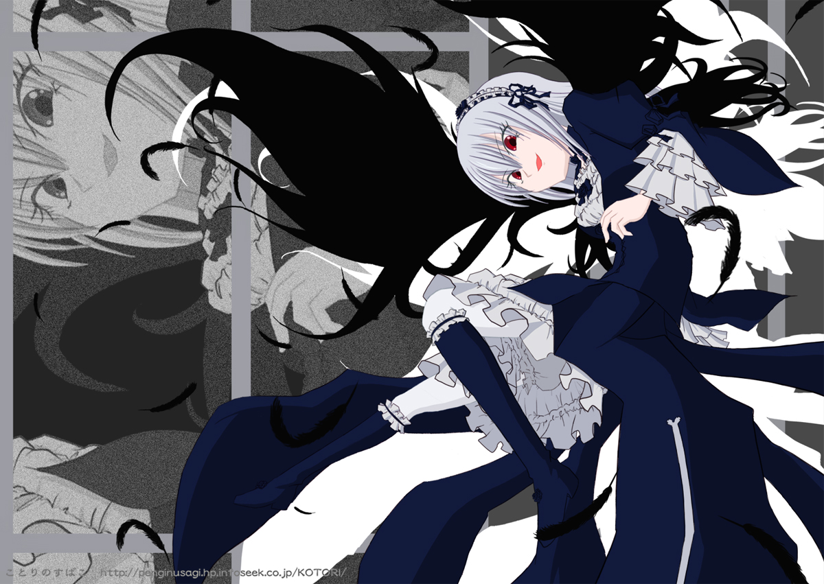 1girl black_wings dress flower frilled_sleeves frills hairband image long_hair long_sleeves red_eyes rose silver_hair solo suigintou wings
