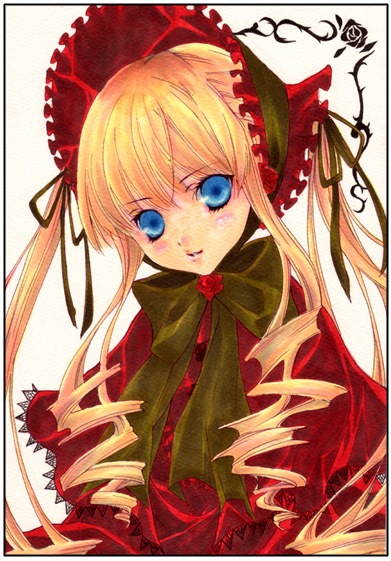 1girl blonde_hair blue_eyes bonnet bow bowtie dress drill_hair flower green_bow image long_hair long_sleeves looking_at_viewer rose shinku sidelocks simple_background solo twin_drills twintails upper_body white_background