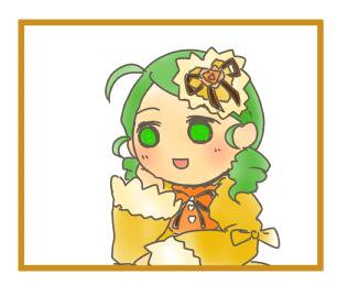 1girl :d ahoge blush border bow green_eyes green_hair hair_ornament image kanaria long_sleeves open_mouth simple_background smile solo traditional_media white_background