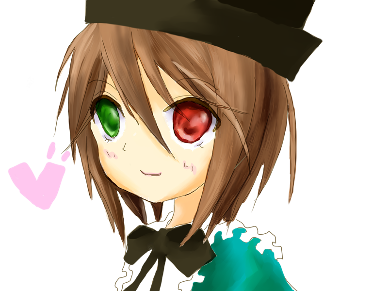 1girl black_headwear brown_hair closed_mouth dress green_eyes hat heterochromia image looking_at_viewer red_eyes short_hair simple_background smile solo souseiseki suiseiseki