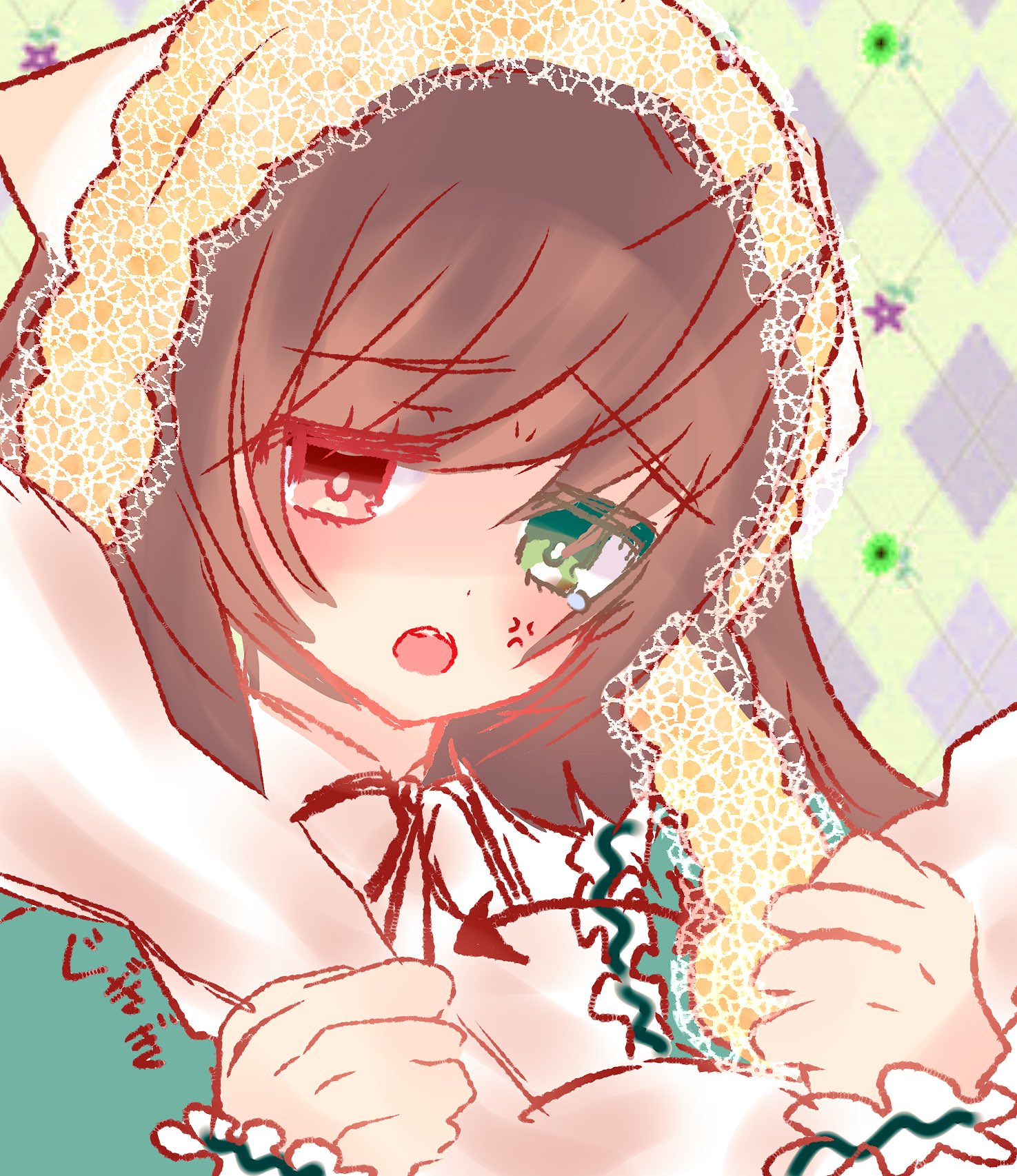 1girl brown_hair checkered_background eyebrows_visible_through_hair fang green_eyes heterochromia image long_sleeves open_mouth solo suiseiseki