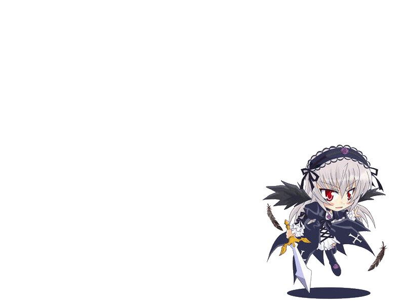 1girl black_wings chibi dress feathers flower frills full_body hairband holding image lolita_hairband long_sleeves red_eyes rose solo suigintou weapon white_background wings
