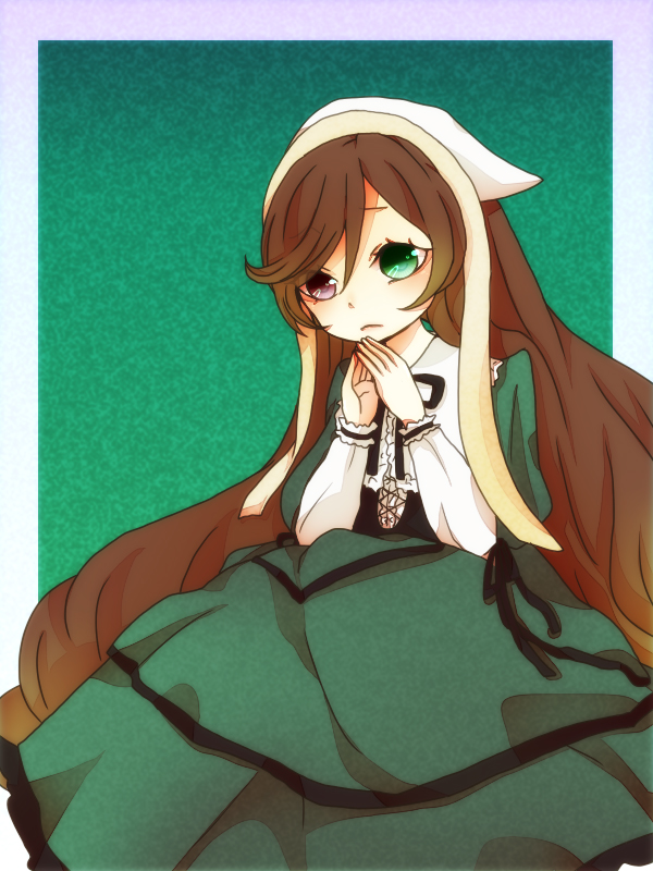 1girl brown_hair dress frills green_dress green_eyes head_scarf heterochromia image long_hair long_sleeves looking_at_viewer red_eyes solo suiseiseki swept_bangs tears very_long_hair