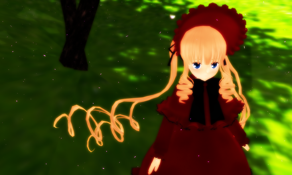 1girl blonde_hair blue_eyes bonnet bow bowtie dress flower image long_hair long_sleeves looking_at_viewer red_dress shinku solo twintails very_long_hair
