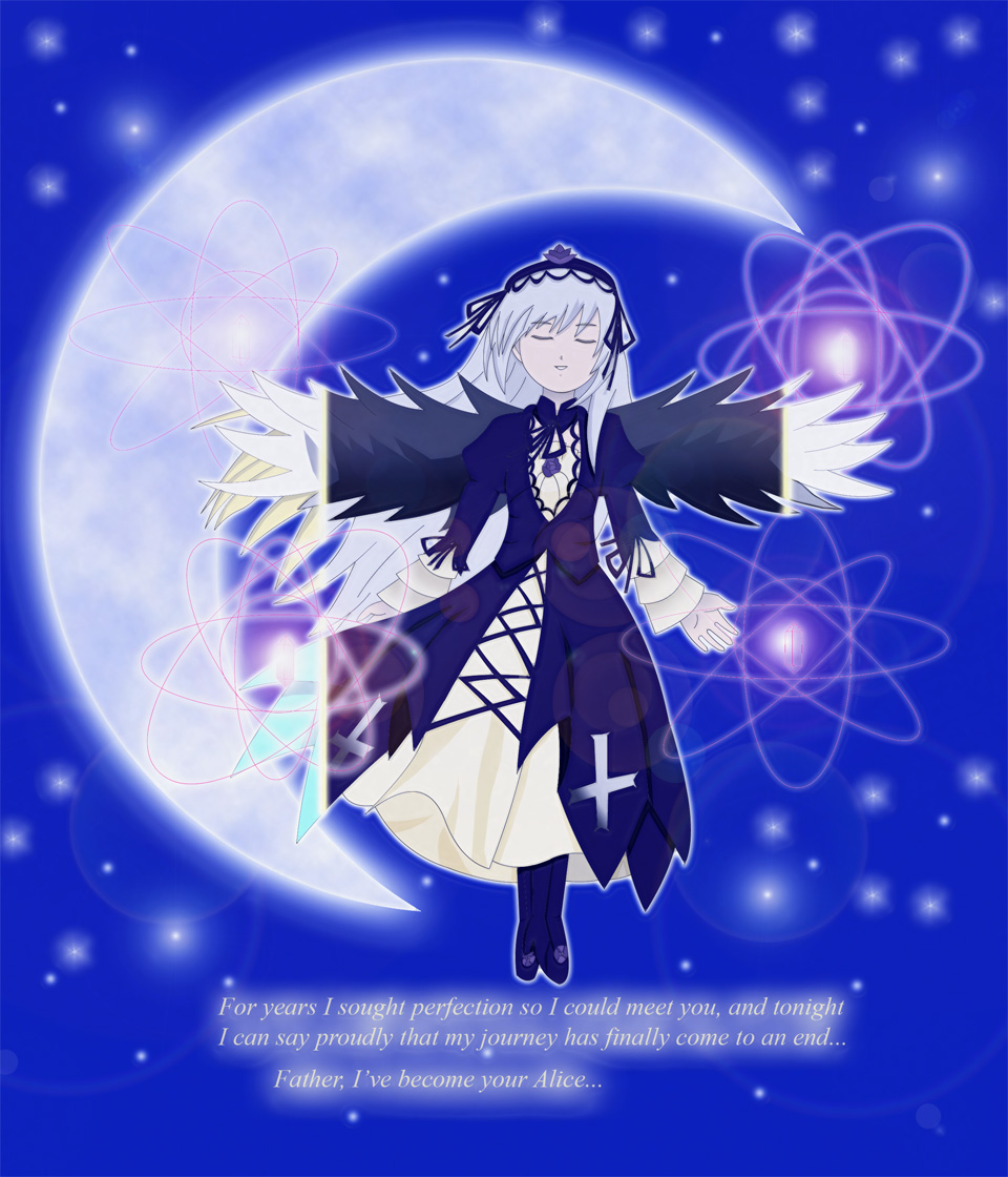 1girl auto_tagged black_dress black_wings boots circle closed_eyes dress flower full_body full_moon hairband image long_hair long_sleeves moon ribbon silver_hair solo suigintou very_long_hair wings