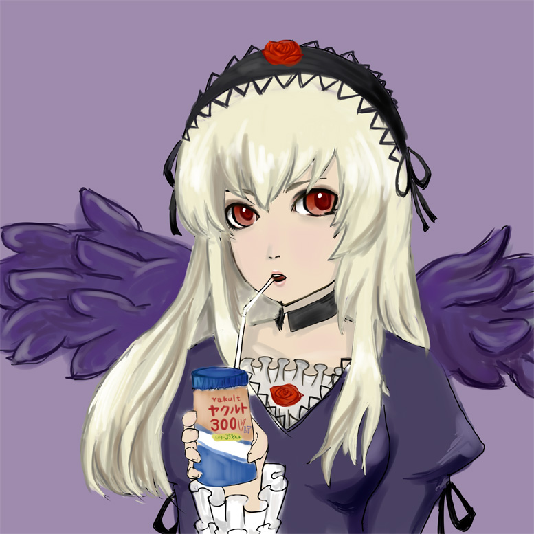 1girl black_wings choker dress drinking_straw feathered_wings feathers flower frilled_sleeves frills hairband image juliet_sleeves lolita_hairband long_hair long_sleeves looking_at_viewer red_eyes rose silver_hair simple_background solo suigintou upper_body wings