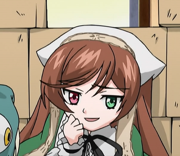 1girl blush brown_hair hat head_scarf heterochromia image indoors long_hair long_sleeves looking_at_viewer open_mouth red_eyes ribbon smile solo suiseiseki