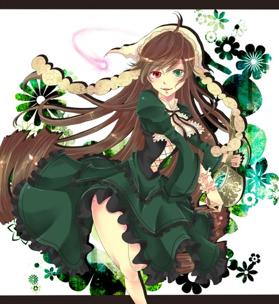 1girl brown_hair dress frills green_dress green_eyes heterochromia image long_hair long_sleeves looking_at_viewer red_eyes ribbon smile solo suiseiseki very_long_hair