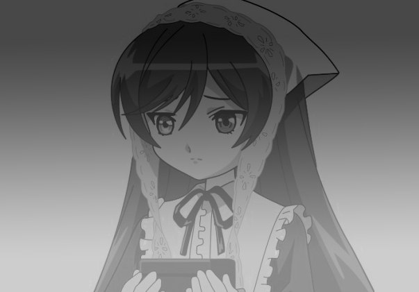1girl bangs closed_mouth dress frills greyscale holding image long_hair looking_at_viewer monochrome neck_ribbon ribbon solo suiseiseki upper_body