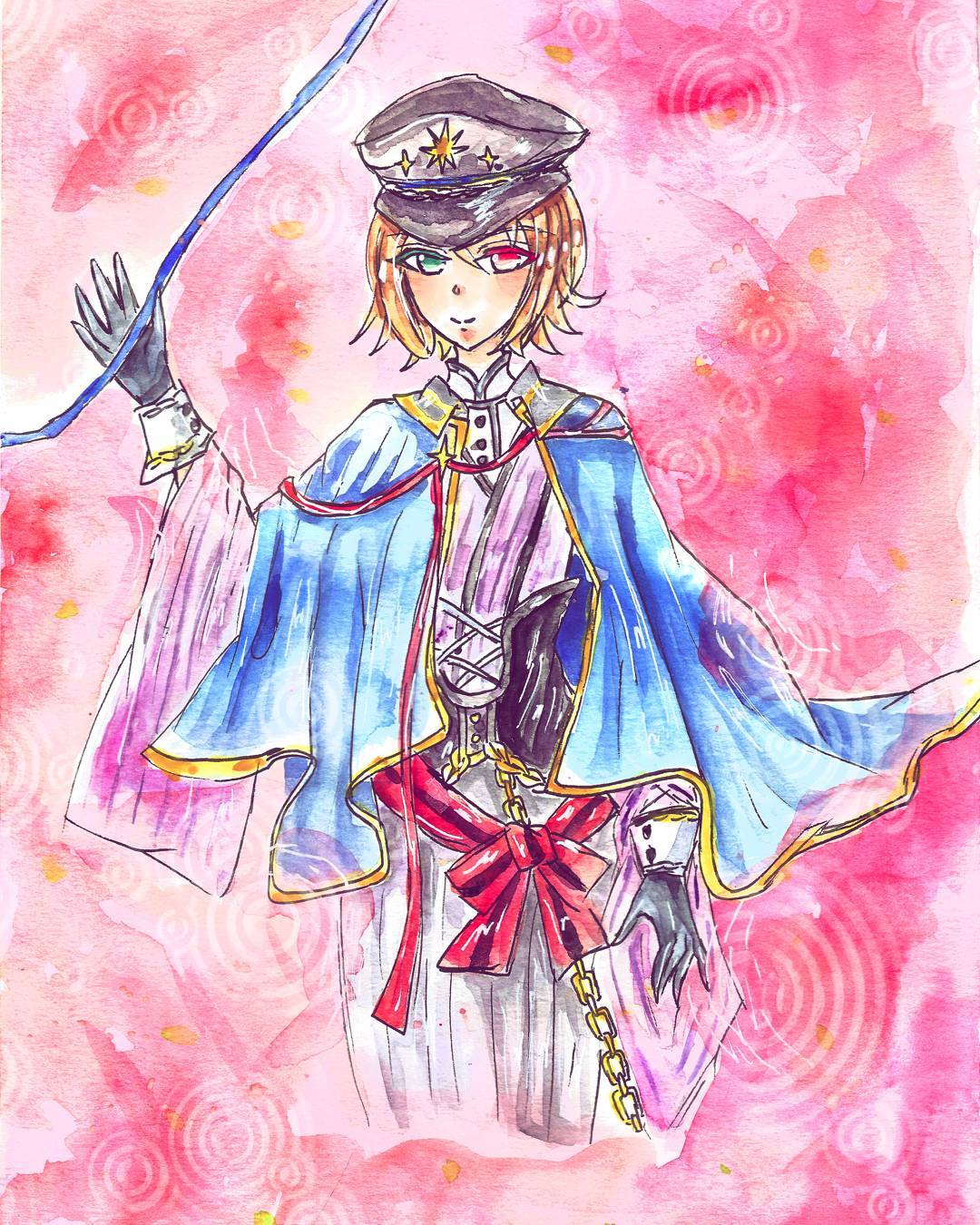 1boy blonde_hair cape flower gloves green_eyes hat heterochromia image red_eyes smile solo souseiseki traditional_media watercolor_(medium)