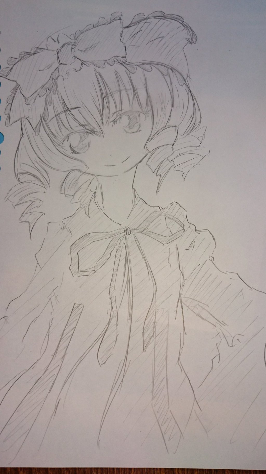 1girl bow dress drill_hair eyebrows_visible_through_hair graphite_(medium) hinaichigo image looking_at_viewer monochrome ribbon sketch smile solo traditional_media