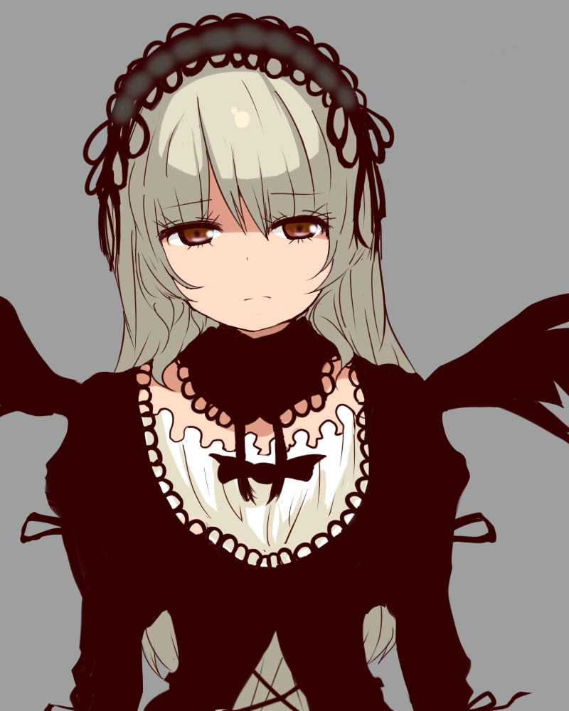 1girl bangs black_wings brown_eyes closed_mouth dress eyebrows_visible_through_hair gothic_lolita grey_background grey_hair hairband imagesuigintou lolita_fashion long_hair long_sleeves looking_at_viewer simple_background solo suigintou upper_body wings