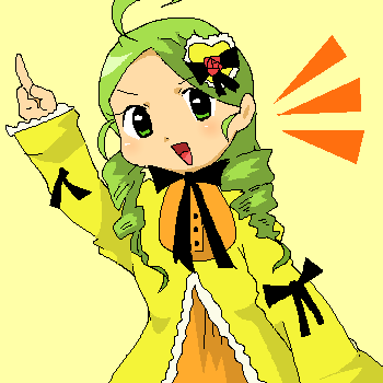 1girl ahoge drill_hair green_eyes green_hair hair_ornament image index_finger_raised kanaria long_hair long_sleeves open_mouth pointing simple_background solo yellow_background