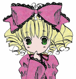1girl bangs blonde_hair bow dress drill_hair finger_to_mouth green_eyes hat hina_ichigo hinaichigo image long_sleeves looking_at_viewer pink_bow polka_dot simple_background solo upper_body white_background