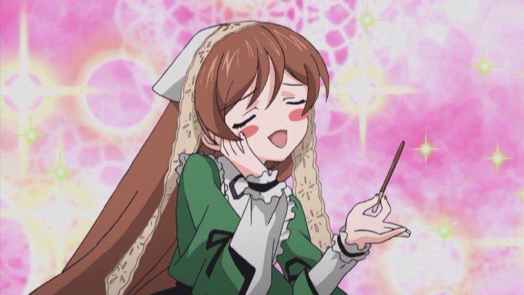 1girl :d apron bangs brown_hair closed_eyes dress frills green_dress image long_hair long_sleeves open_mouth smile solo suiseiseki