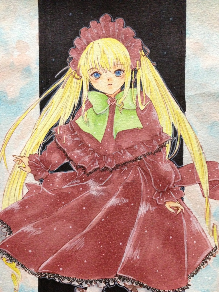 1girl blonde_hair blue_eyes bonnet bow bowtie capelet cowboy_shot dress green_bow image long_hair long_sleeves looking_at_viewer marker_(medium) pantyhose red_dress shinku solo standing traditional_media twintails very_long_hair watercolor_(medium)