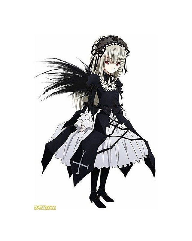 1girl boots dress frills full_body hairband image long_hair long_sleeves looking_at_viewer red_eyes ribbon rose simple_background solo standing suigintou white_background wings