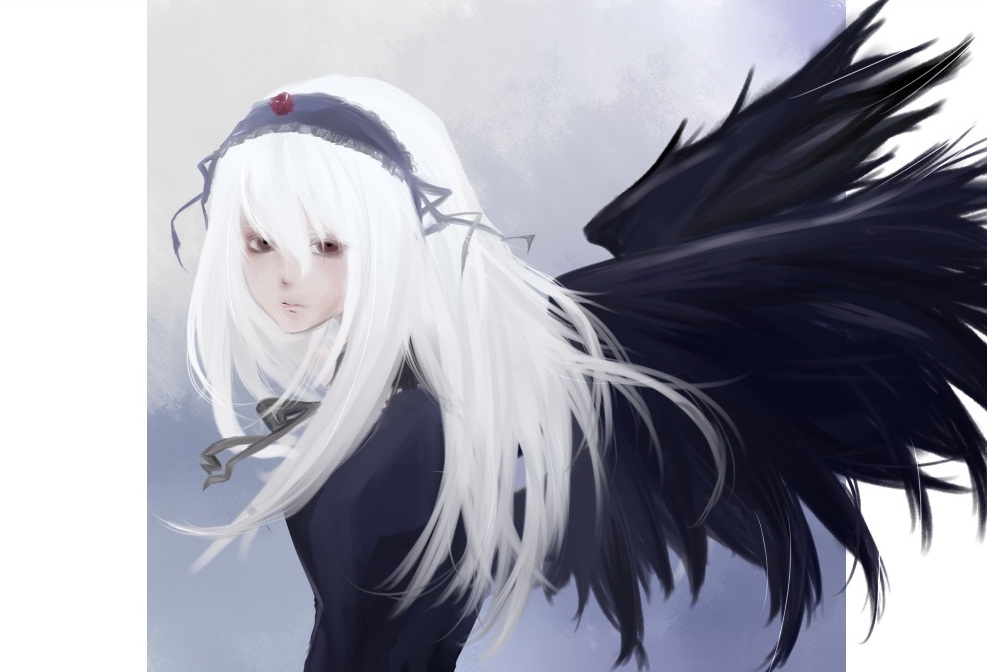 1girl bangs black_dress black_ribbon black_wings closed_mouth dress feathered_wings frills hairband image long_hair long_sleeves looking_at_viewer red_eyes ribbon solo suigintou wings