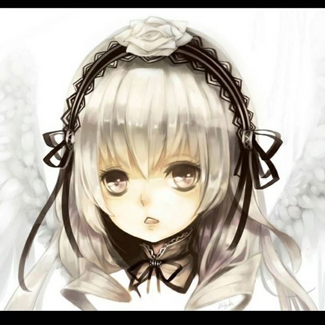1girl bangs black_ribbon face flower hairband image letterboxed lolita_hairband long_hair looking_at_viewer portrait ribbon rose silver_hair solo suigintou white_flower
