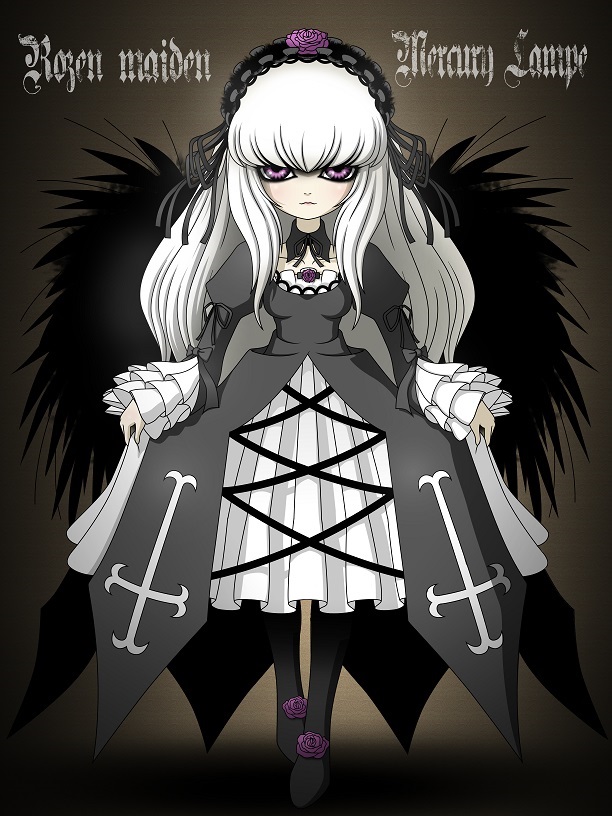 1girl black_wings dress flower frilled_sleeves frills full_body hairband image long_hair long_sleeves looking_at_viewer pantyhose pink_eyes rose solo standing suigintou wings