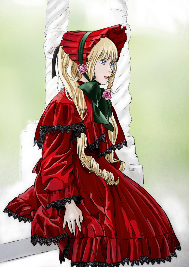 1girl blonde_hair blue_eyes bonnet bow dress drill_hair flower frills image long_hair long_sleeves pink_rose red_capelet red_dress rose shinku solo