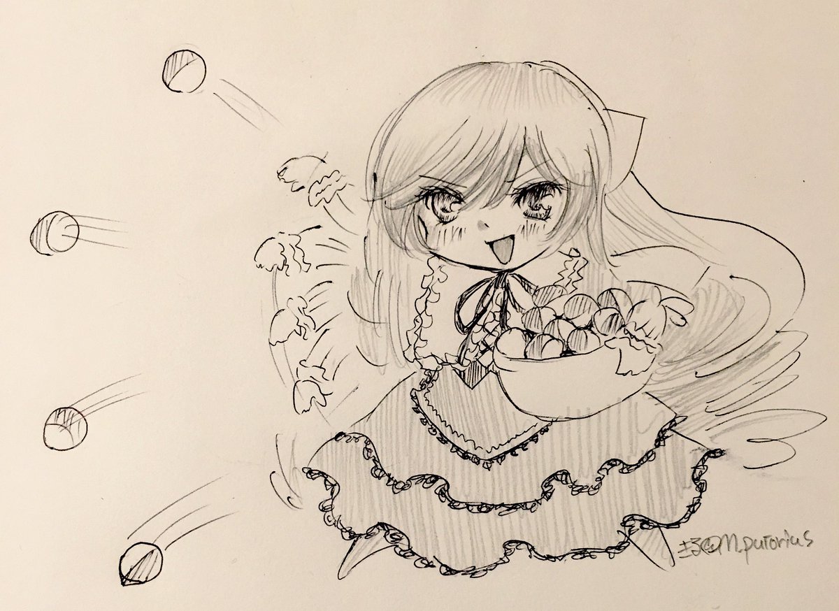 1girl bow food fruit image long_hair monochrome open_mouth smile solo suiseiseki traditional_media