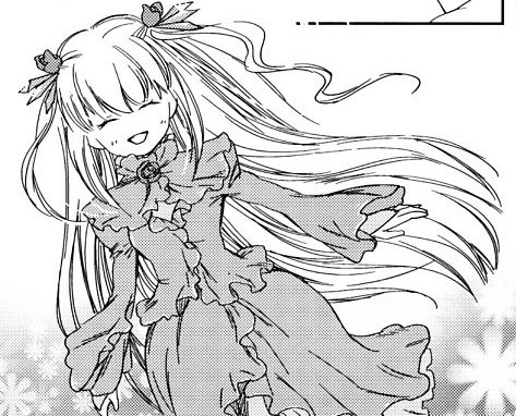1girl :d barasuishou bow bowtie brooch closed_eyes dress frills greyscale hair_ribbon image long_hair long_sleeves monochrome open_mouth ribbon smile solo very_long_hair