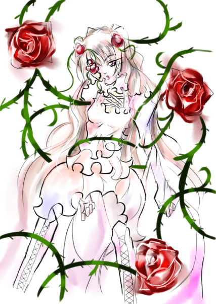 1girl blood breasts cherry flower food fruit image kirakishou long_hair pink_hair pink_rose plant red_flower red_rose rose rose_petals solo strawberry thorns very_long_hair vines white_hair