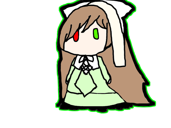 1girl black_ribbon brown_hair chibi dress full_body green_dress green_eyes head_scarf heterochromia image long_hair long_sleeves red_eyes ribbon solo suiseiseki very_long_hair