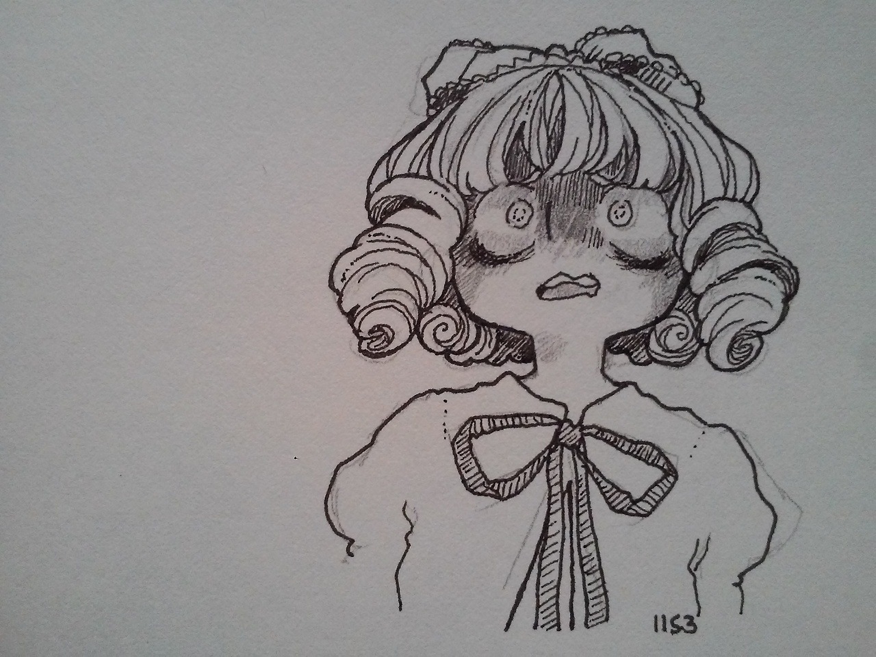 1girl drill_hair greyscale hinaichigo image monochrome photo solo traditional_media upper_body