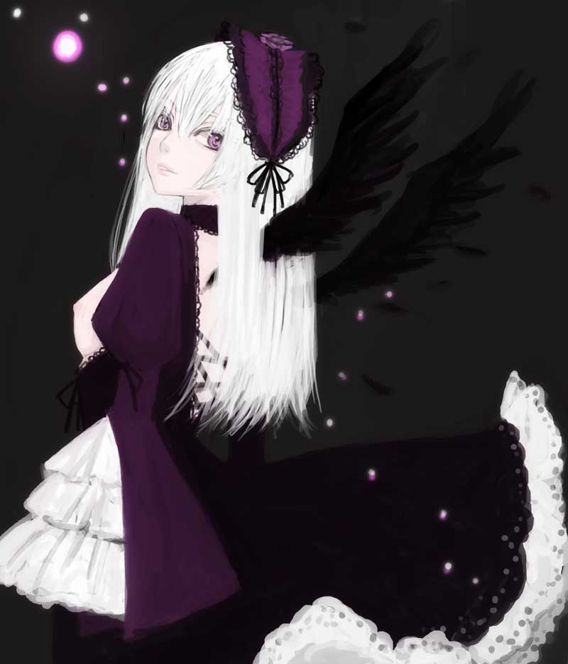 1girl black_wings detached_collar dress frills hairband image lolita_hairband long_hair long_sleeves looking_at_viewer looking_back silver_hair solo suigintou wings