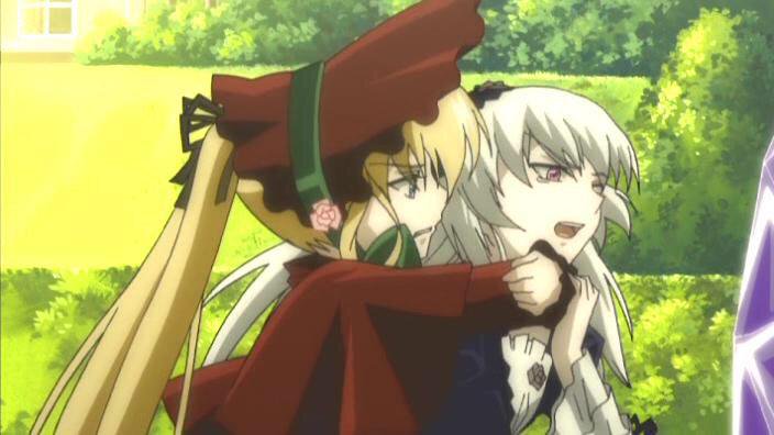 2girls blonde_hair bonnet dress hat image long_hair long_sleeves multiple_girls nature open_mouth outdoors pair red_dress shinku silver_hair suigintou tree
