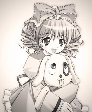 1girl :d blush bow drill_hair frills greyscale hinaichigo image looking_at_viewer monochrome open_mouth smile solo stuffed_animal wings