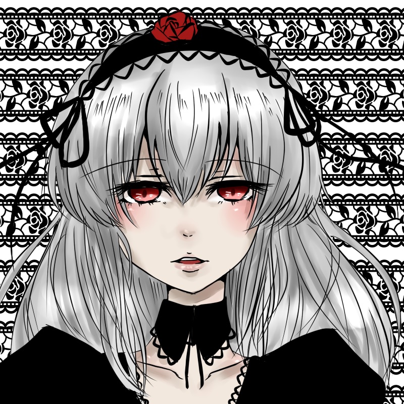 1girl black_ribbon chain choker flower hairband image lace lolita_fashion lolita_hairband long_hair looking_at_viewer portrait red_eyes red_flower red_rose ribbon rose silver_hair simple_background solo suigintou white_background